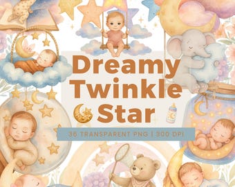 36 Dreamy Twinkle Little Star Watercolor Clipart, Boho Baby Shower Art, Nursery Rhymes, Commercial Use, Birthday Invitation PNG Graphics