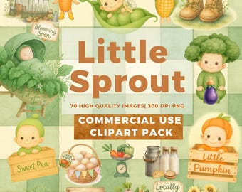 Little Sprout Baby Shower Clipart, Locally Grown, Watercolor PNG, Commercial Use, Digital Download, Vegetable Botanical Art, Farmer's Market