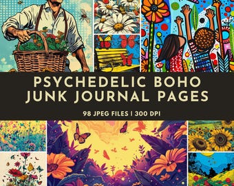 Psychedelic Boho Junk Journal Pages: Vibrant Floral Printable Ephemera, Retro Colorful Nature Scrapbook Papers