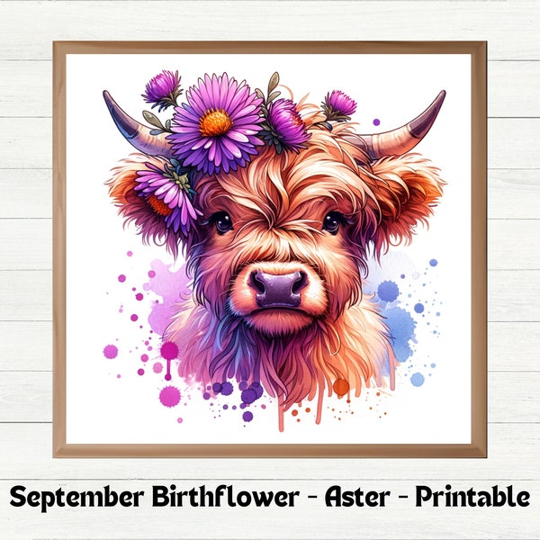 Highland Cow Aster Birthflower Print, September Birthday Gift, Printable Watercolor Nursery Wall Art, Baby Shower Gift, Digital Download