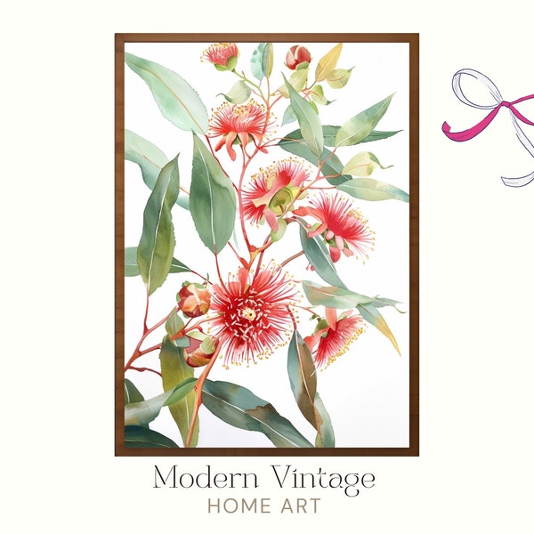 Gum flower painting, watercolor wall art, Eucalyptus tree floral, cottagecore print, farmhouse decor, digital download, ModernVintageHomeArt