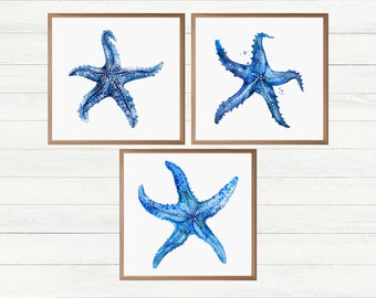 Watercolor Indigo Starfish Prints for Beach House Decor Housewarming Gift, Set of Prints, Navy Star Fish Coastal Wall Art, Digital Download