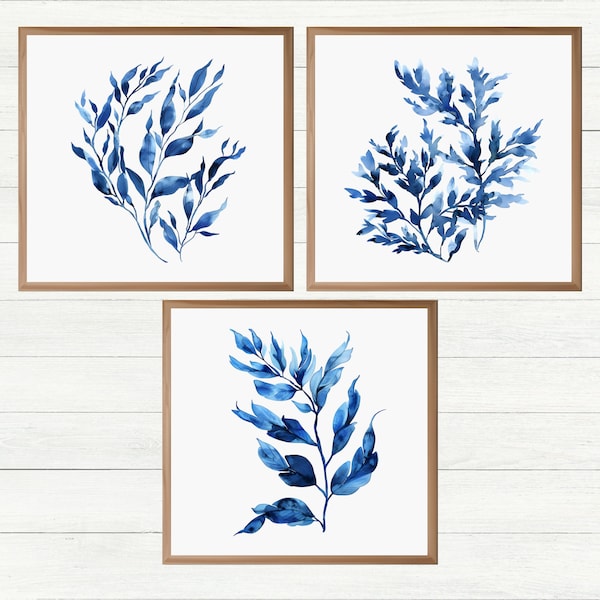 Watercolor Indigo Sea Weed Prints for Beach House Decor or Housewarming Gift, Set of Prints, Navy Seaweed Coastal Wall Art, Digital Download