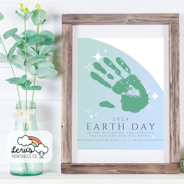 PRINTABLE Earth Day Handprint Art Craft Gift | God's Creation Child’s Bible Lesson Genesis 1:1 | Sunday School Activity |Christian Keepsake