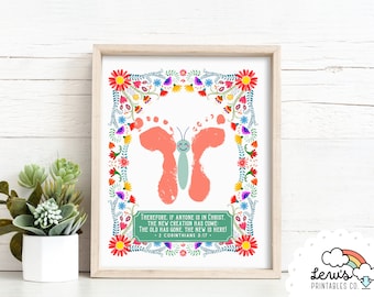 PRINTABLE  Christian Spring Butterfly Footprint Craft Art | DIY Made New in Christ Card | Bible Scripture Baby Keepsake Gift for Mom Grandma