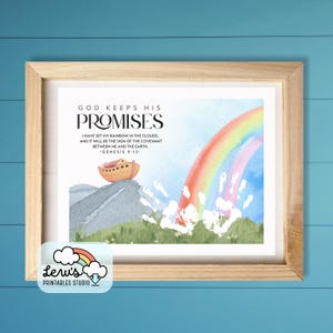 May include: A framed print featuring the words "GOD KEEPS HIS PROMISES" and a watercolour illustration of a rainbow, an ark, and a mountain. The print includes a quote from Genesis 9:13. The frame is light brown.