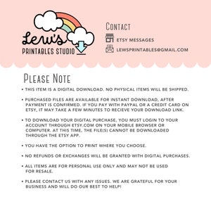 May include: A digital download information page featuring a rainbow cloud and the text "Leru's Printables Studio". The page provides instructions for downloading digital files, details about refunds and exchanges, and contact information for the seller.