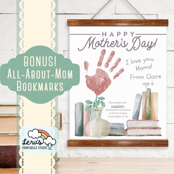 PRINTABLE Christian Mother’s Day Flowers Handprint Craft Art for Book Lover Mama | Gift from Baby, Toddler, Kid | DIY Card for Mom & Grandma