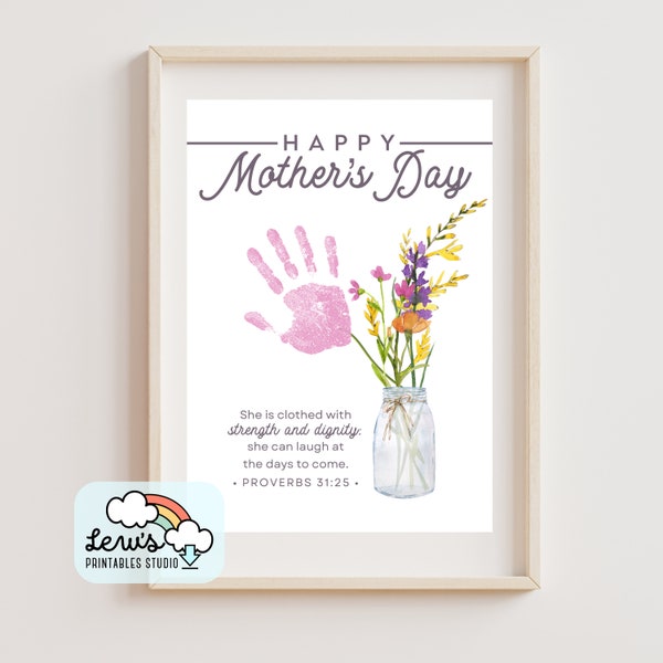 PRINTABLE Christian Mother’s Day Flowers in Jar Handprint Craft Art | Child Gift for Mom from Baby, Toddler, Kid, Grandkid | DIY Mama Card