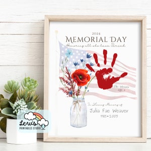 empreinte de main imprimable du Memorial Day |  In Loving Memory carte souvenir bricolage | Artisanat du souvenir américain patriotique | Cadeau rouge, blanc et bleu