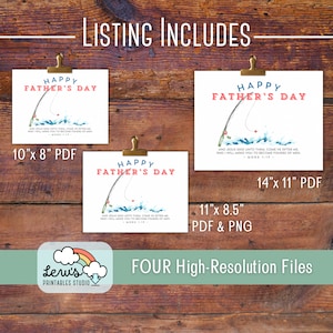 May include: Four printable Father's Day cards featuring a watercolor illustration of a fishing rod and a fish jumping out of the water. The cards include the text "Happy Father's Day" and a Bible verse from Mark 1:17. The cards are available in four sizes: 10" x 8", 11" x 8.5", 14" x 11".