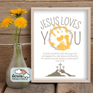 DRUCKBAR Jesus Liebt Dich + Johannes 3:16 KJV Handprint Art | Christliches Kind Handwerk | Auferstehungs-Lektion | VBS Sonntagsschule | Taufe Andenken