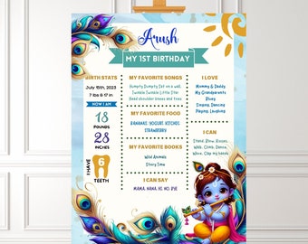 First Birthday Milestone Poster, Krishna Theme, Printable Baby Boy Milestone Sign, Peacock Feather