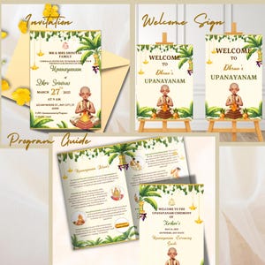 May include: A collection of printed materials for an Upanayanam ceremony, including invitations, welcome signs, and program guides. The designs feature illustrations of a young boy in prayer, palm leaves, and text in gold and green.