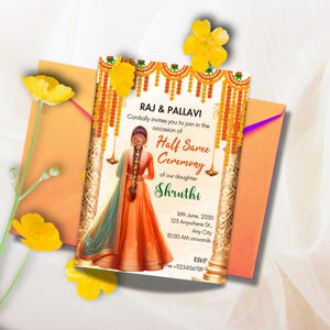 Invitación de medio sari de 5 x 7", invitación de ceremonia de medio sari editable, invitaciones de pubertad para función de medio sari, tradicional