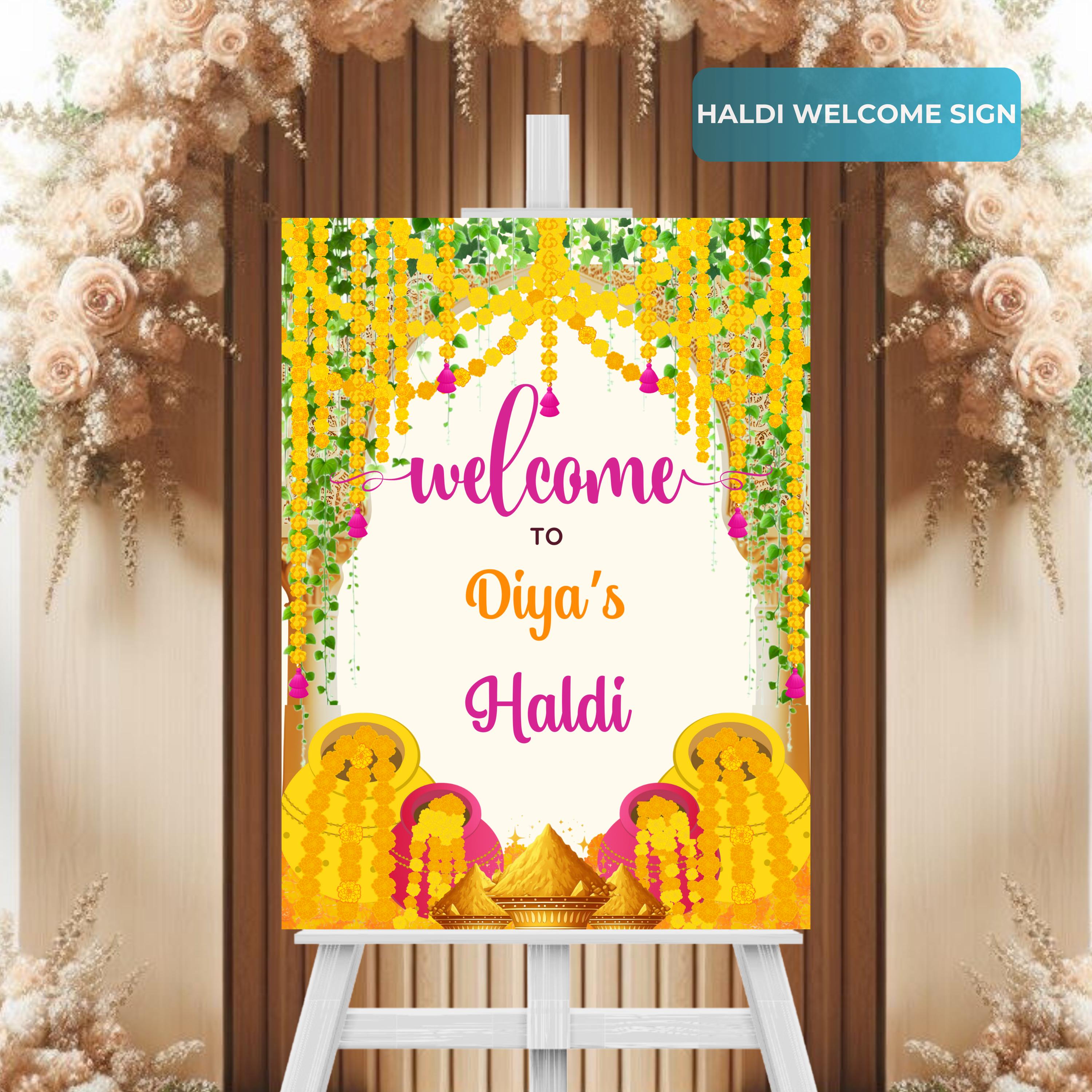 Letrero de bienvenida de Haldi para su evento de Haldi, letrero de bienvenida de Mayun personalizable para decoración de Mayoon, letreros de Haldi para decoración de Haldi, 3 tamaños
