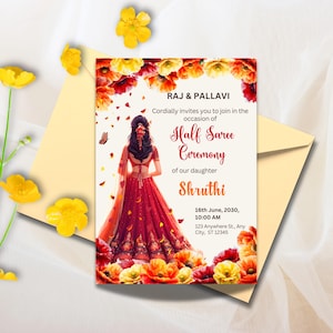 Uitnodiging halve Saree 5 x 7", bewerkbare uitnodiging halve Saree ceremonie, puberteit nodigt uit voor functie halve Saree, instant digitale download