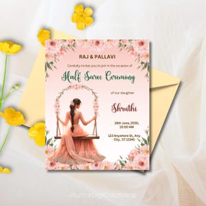 Può includere: Biglietto d'invito digitale per una cerimonia Half Saree. Il design presenta una donna in sari rosa su un'altalena, circondata da elementi floreali. Il testo include i nomi Raj & Pallavi, Shruthi e i dettagli dell'evento.