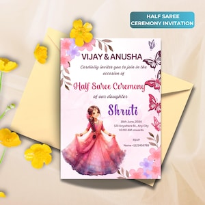 Puede incluir: Tarjeta de invitación rosa y morada con mariposas y diseños florales. El texto dice "Vijay & Anusha les invita cordialmente a unirse a la ocasión de la ceremonia de Half Saree de nuestra hija Shruti 16 de junio de 2030 123 Anywhere St., Any City 10:00 AM en adelante RSVP Nombre +1123456789"