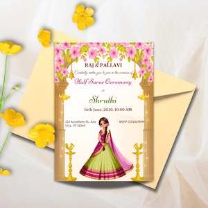 Half Saree Invitation 5x7&quot;, Editable Half Saree Ceremony Invitation, Puberty Invites for Half Saree Function