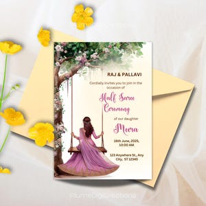 May include: An invitation card for a Half Saree Ceremony. The card features a watercolor illustration of a woman on a swing under a tree. The text includes the names "RAJ & PALLAVI" and event details. The card is in a cream envelope.
