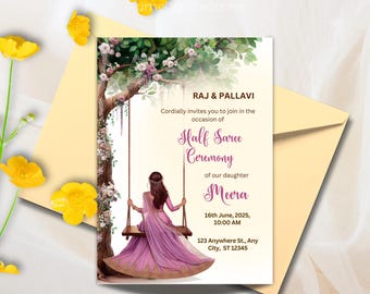 May include: An invitation card for a Half Saree Ceremony. The card features a watercolor illustration of a woman on a swing under a tree. The text includes the names "RAJ & PALLAVI" and event details. The card is in a cream envelope.