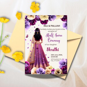 Half Saree Invitation 5x7&quot;, Editable Half Saree Ceremony Invitation, Puberty Invites for Half Saree Function