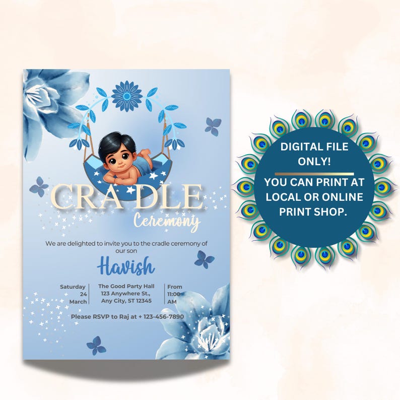 May include: A blue and white baby shower invitation with a cartoon illustration of a baby boy in a cradle. The invitation includes the text "CRADLE Ceremony" and the baby's name "Havish".