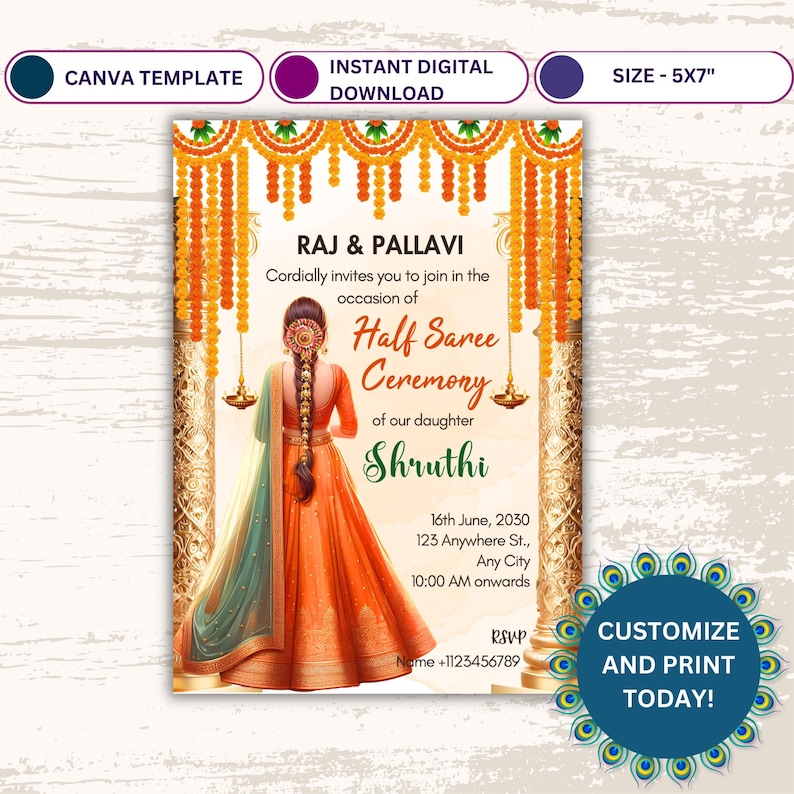 K&ouml;nnte beinhalten: Eine digitale Einladung zu einer Halb-Saree-Zeremonie. Die Einladung zeigt eine Frau in einem traditionellen orange-gr&uuml;nen Sari mit einem floralen Girlandenhintergrund. Der Text lautet "Raj & Pallavi laden Sie herzlich ein, an der Halb-Saree-Zeremonie unserer Tochter Shruthi teilzunehmen 16. Juni 2030 123 Anywhere St., Any City 10:00 Uhr morgens onwards RSVP Name +1123456789 Anpassen und heute drucken!"