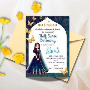 Puede incluir: Una invitación a una ceremonia de medio sari para Shruti, con una ilustración azul y verde de una joven con un atuendo tradicional indio. La invitación incluye la fecha, la hora y el lugar del evento, así como la información de contacto para RSVP.