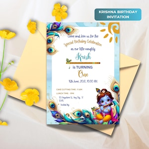 Invitación de Krishna, invitación editable con tema de Krishna en la India, invitaciones de Lord Krishna para cumpleaños, invitación móvil con tema de Krishna