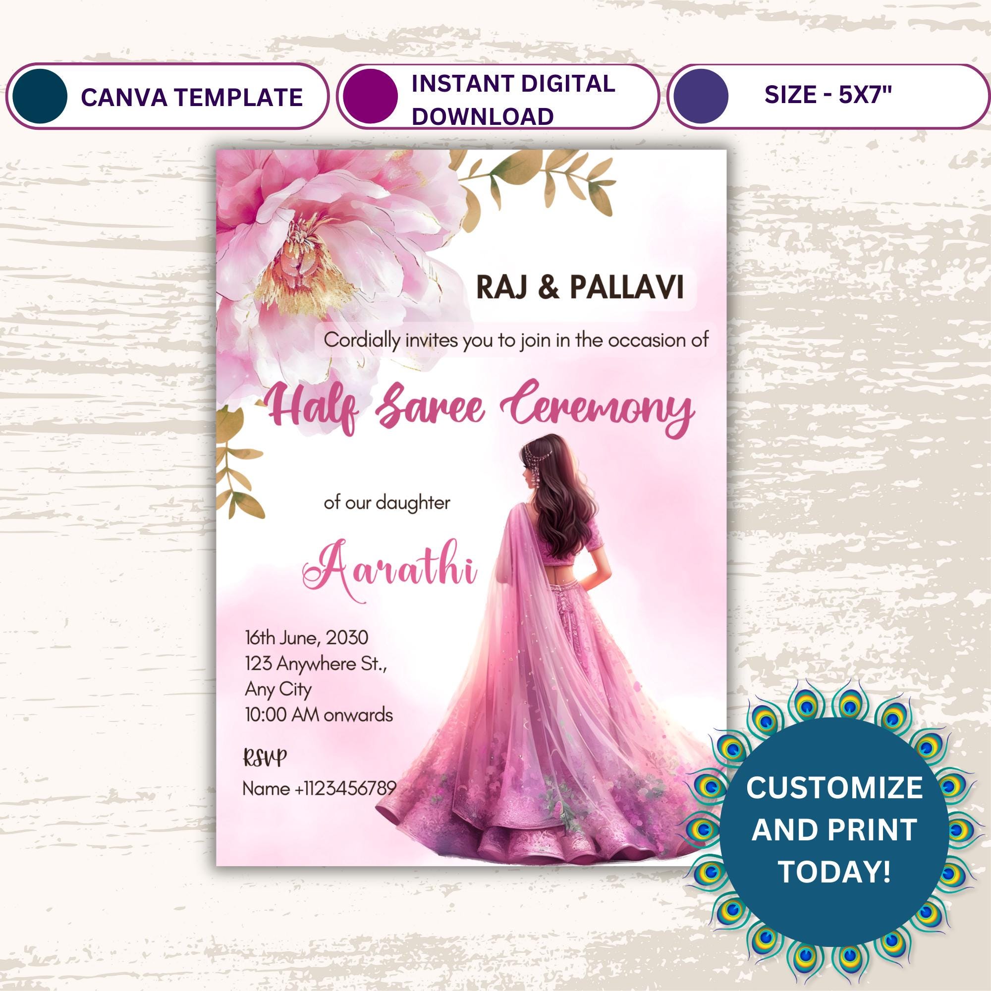 Invitación de medio sari de 5 x 7\, image size:2000x2000