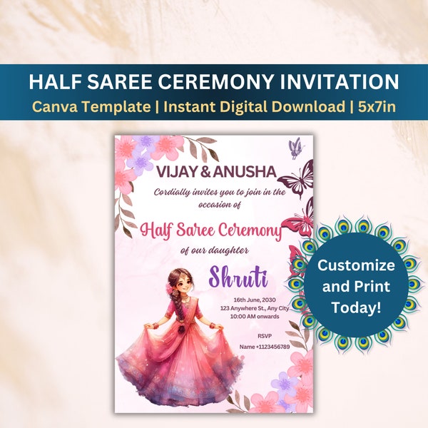 Half Saree Einladung 5x7 ", bearbeitbare Half Saree-Zeremonie-Einladung, Pubertät lädt für die Half Saree-Funktion ein, sofortiger digitaler Download