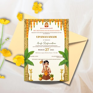 May include: An invitation card for an Upanayanam ceremony. The card features gold and orange decorative elements, text, and an illustration of a young boy. The text includes the names of the hosts, the son's name, and the date, March 27, 2025.