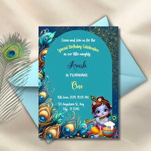 Invitación de Krishna, invitación editable con tema de Krishna en la India, invitaciones de Lord Krishna para cumpleaños, invitación móvil con tema de Krishna