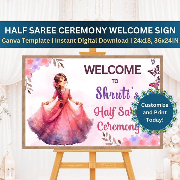 Panneau de bienvenue élégant pour cérémonie de demi-sari, cérémonie de la puberté de l'Inde du Sud ou panneau de bienvenue pour fonction demi-sari, téléchargement immédiat