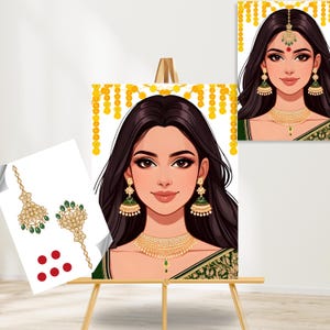 May include: A digital illustration of a woman wearing a green and gold sari with traditional Indian jewelry, including a necklace, earrings, and a bindi. The background is a white wall with yellow flowers.