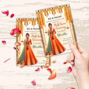 K&ouml;nnte beinhalten: Eine farbenfrohe Einladungskarte mit goldenen Akzenten und floralen Verzierungen. Die Karte k&uuml;ndigt eine Halb-Saree-Zeremonie f&uuml;r Shruthi an, mit Angabe von Datum, Uhrzeit und Ort. Die Karte zeigt eine Illustration einer Frau in traditioneller indischer Kleidung.