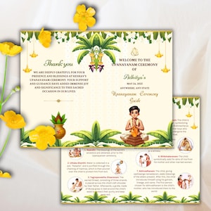 以下が含まれることがあります： ウパナヤナ式典の黄色と緑の招待状。招待状には、伝統的な服装をした若い男の子、スワスティカのシンボル、式典のガイドが描かれています。招待状のテキストには、「Adhitya'sのウパナヤナ式典へようこそ 2025年5月24日 どこでも、どの州でも ウパナヤナ式典ガイド」と書いてあります。