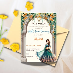 Half Saree Invitation 5x7&quot;, Editable Half Saree Ceremony Invitation, Puberty Invites for Half Saree Function