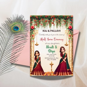 Puede incluir: Una invitación a una ceremonia de medio sari para Shruti & Diya, con un arco floral y dos chicas con atuendos tradicionales indios. El evento está programado para el 16 de junio de 2030, a las 10:00 AM, en 123 Anywhere St., Any City, ST 12345.