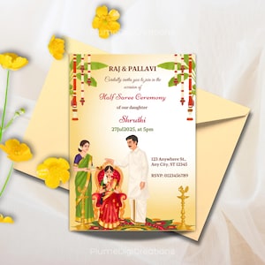 May include: An invitation card for a Half Saree Ceremony. The card features illustrations of people in traditional attire, with text that reads "RAJ & PALLAVI" and "Shruthi". The card is on a light yellow background.