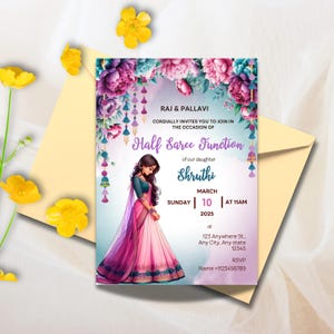 May include: An invitation to a Half Saree Function for Shruthi, taking place on Sunday, March 10th, 2025 at 11 AM. The invitation features a colorful floral design and an illustration of a woman in a pink and purple saree.