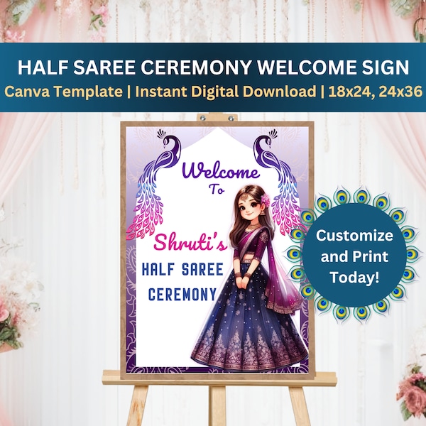 Half Saree Ceremony Welcome Sign, Customizable South Indian Puberty Ceremony or Half Saree Function Welcome Sign, Instant Digital Download