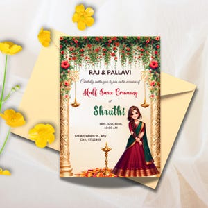 Half Saree Invitation 5x7&quot;, Editable Half Saree Ceremony Invitation, Puberty Invites for Half Saree Function