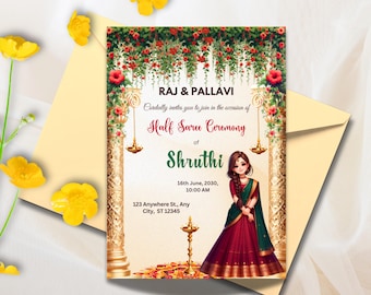 Half Saree Invitation 5x7&quot;, Editable Half Saree Ceremony Invitation, Puberty Invites for Half Saree Function