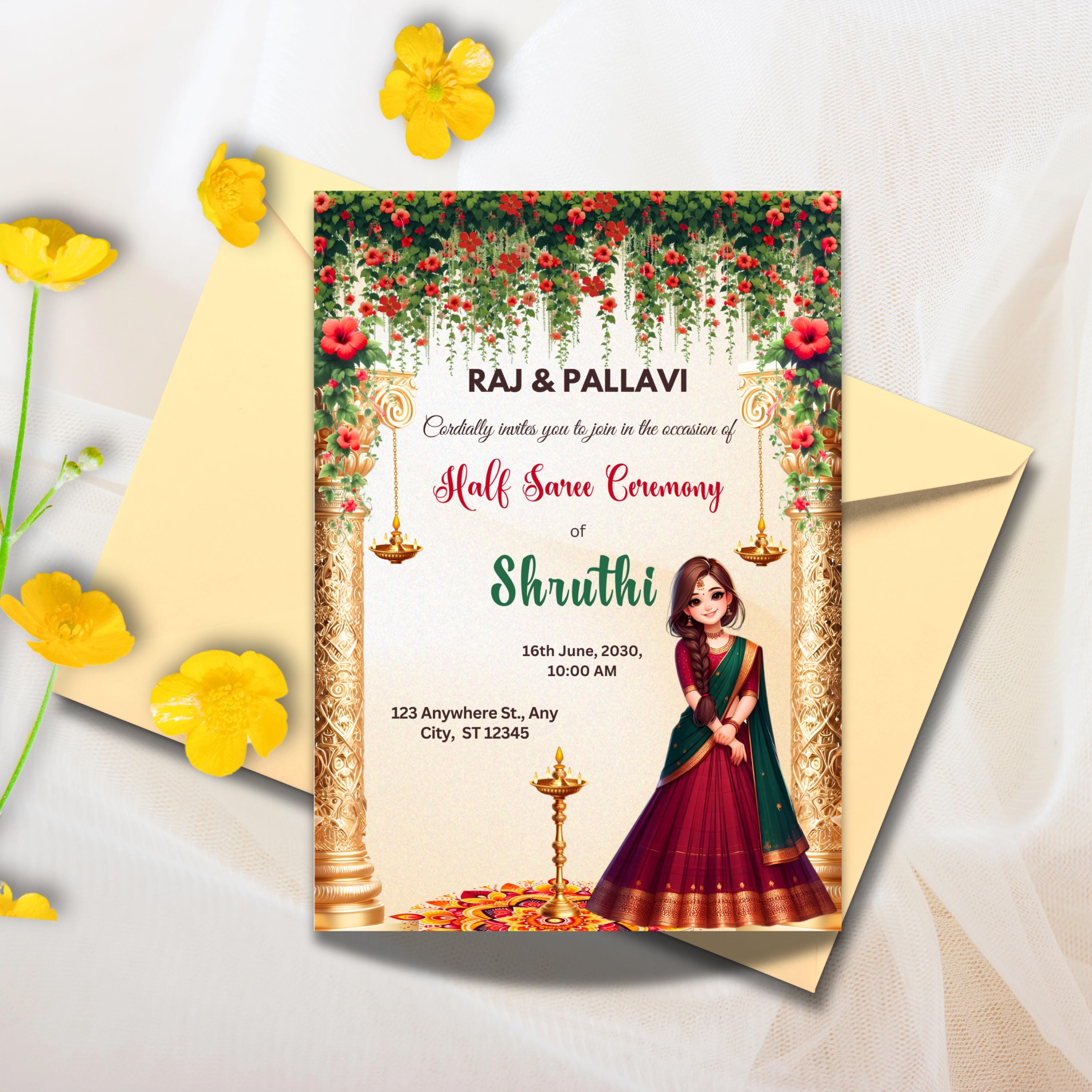 Half Saree Invitation 5x7", Editable Half Saree Ceremony Invitation, Puberty Invites for Half Saree Function