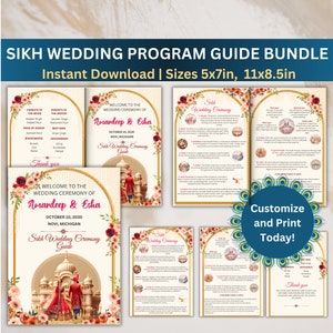 Puede incluir: Una guía imprimible para una ceremonia de boda sij. La guía incluye un mensaje de bienvenida, una lista de los miembros de la fiesta de bodas y una descripción de los pasos de la ceremonia. La guía está decorada con motivos florales y un arco dorado.
