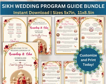 Programa de boda sij para su boda punjabi, guía de programa de boda personalizable para el orden de la ceremonia para la boda sij, paquete de 2 tamaños
