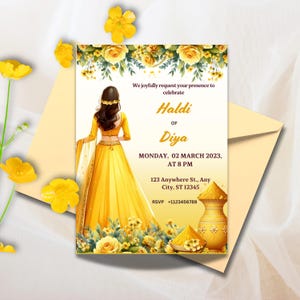 Invitación Haldi para su evento Haldi, invitación Haldi personalizable para la ceremonia Haldi, plantilla de invitaciones digitales Haldi